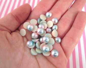 100 Two Tone Flat Backed Round 8mm Pastel Blue and Pink pearl cabochons, flat backed acrylic plastic glue, glue on bedazzle bedazzling cabs