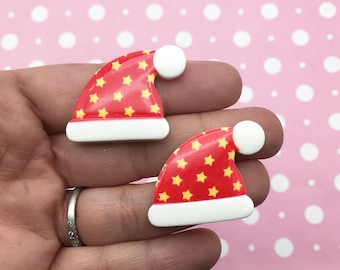 5 Christmas 32mm Red X-mas Hat Flat Backed Resin Cabochons, Cute Flatbacked Acrylic Plastic Holiday Xmas Cabs, Slime Charms DH154a