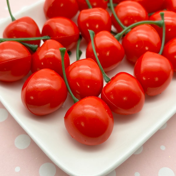 SIX PLASTIC Bright Red Large Life-size Cherry Cabochons