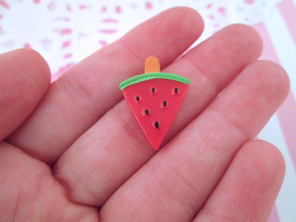 6 Flatbacked Resin Watermelon Popsicle Cabochons, Cute Flat Backed Acrylic Plastic Red Fruit Cabs, #815
