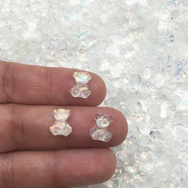 10 Tiny Opal Clear Glitter Gummy Bear Flatbacked Cabochons for Nail Decoration, Flat Backed Resin Embellishment, Shaker Molds #417