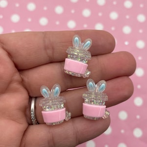 8 Rosa und Blaue Glitzer Hase Harz Kaffeetassen Cabochons, Rückseite Plastik Plastik Ostern Kawaii Cabochons 509