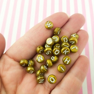 100 Gold and White Round 7mm Acrylic Plastic Alphabet Beads, Resin Metallic Letter Beading Supplies J161