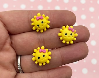 6 Small Matte Smiling Yellow Sun Cabochons, Sweet Kawaii Cabs, #497