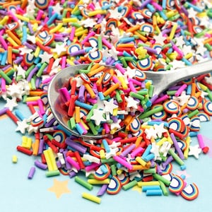 Könnte beinhalten: Ein silberner Löffel gefüllt mit bunten Streuseln, darunter regenbogenförmige Streusel, sternförmige Streusel und kleine, dünne, zylindrische Streusel.