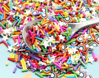 90's Child Bright Rainbow Polymer Clay Fake Sprinkles with White Star Sprinkles, Decoden Funfetti  Jimmies E10