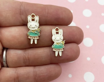 6 Cute White Enamel 21mm Easter Bunny Rabbit Gold Charm Pendants, F450