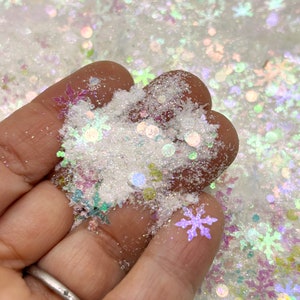 May include: A close-up of iridescent white glitter with snowflake and circle shapes. The glitter is in a hand, ready to be used for crafting.