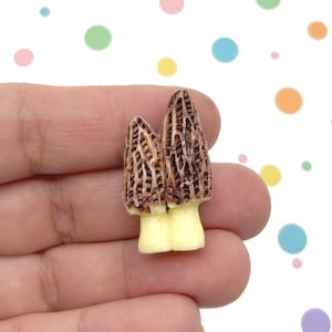 May include: A small, detailed figurine of two morel mushrooms joined at the base. The caps feature a dark brown, honeycomb-like pitted texture, while the stems are a smooth, pale cream color. The object is crafted with realistic detailing.