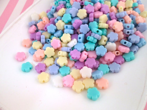 50 Pastel Acrylic Plastic Fairy Kei 9mm Flower Beads, Resin Floral    Kawaii Kid Crafts Jewelry Beading Supplies, J151