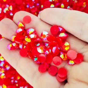 6mm Red Round Flatbacked Acrylic Plastic AB Jelly Rhinestones, Flat Backed Resin Faceted Cabochons, Glue On Bedazzle Bedazzling Supply