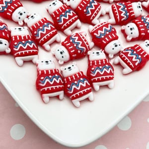 6 Snow Bear with Sweater Flatbacked Resin Cabochons, Cute Holiday Christmas Flat Backed Acrylic Plastic Cabs 1565b