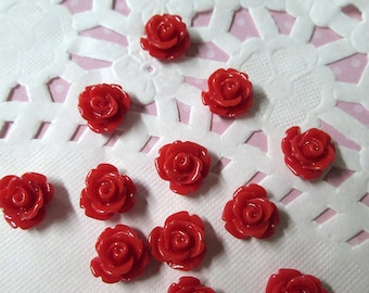 12 Red 10mm rose flower cabochons, cute flower cabs