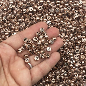 100 Rose Gold and Black 7mm Flat Round Acrylic Plastic Alphabet Beads, Resin Metallic Letter Jewelry Supplies J189