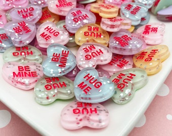 6 Glittery Pastel Conversation Heart Resin Cabochons, Valentines Day Cabs, Heart Cabochons, Resin Embellishments #129