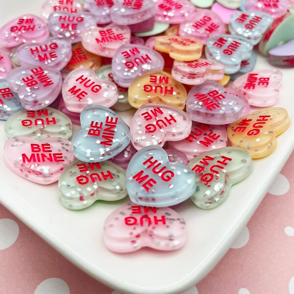 6 Glittery Pastel Conversation Heart Resin Cabochons, Valentines Day Cabs, Heart Cabochons, Resin Embellishments #129