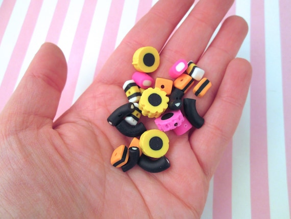 10 Small Black Licorice Candy Allsorts Polymer Clay Beads, #926
