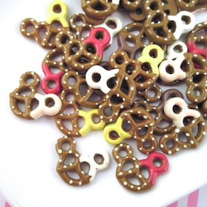 6 Colorful Flatbacked 28mm Resin Pretzel Cabochons, Flat Backed Mouse Ear Acrlyc Plastic Dipped Cabs, fake bake supplies  #759a