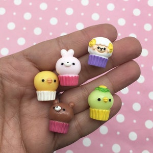 Five Cute 20mm Animal Head Cupcake Resin Cabochons, Cute Flat Bottom Zoo Pastry Cup Cake Acrylic Plastic Cabs, #623