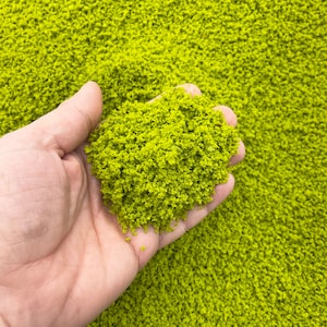 May include: A hand holding a handful of green moss, a popular material for model railroading and miniature landscaping.