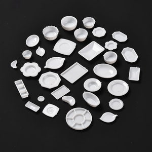 30+ Piece White Plastic Miniature Dollhouse Plates, Bowls, Platters Etc for Fake Food and Doll Props, G59