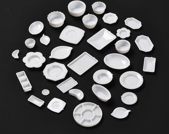 30+ Piece White Plastic Miniature Dollhouse Plates, Bowls, Platters Etc for Fake Food and Doll Props, G59