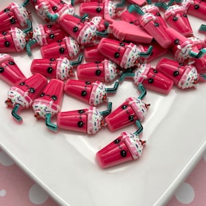 8 Pink Miniature Flatbacked 24mm Resin Iced Coffee Cabochons With Cute Faces, Frappe Frappuccino Flat Backed Acrylic Plastic Cabs 449