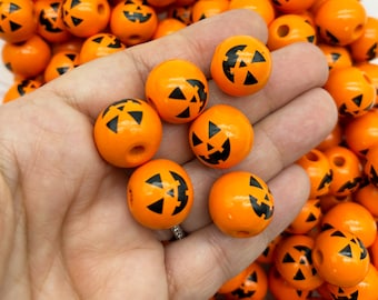 10 runde 16 mm Halloween Kürbis Holzperlen - gruselige Schmuckperlen Dekor für Halloween - Orange Jackolantern - H126