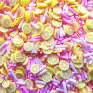 RASPBERRY LEMONADE, Pastel Pink and Pink Polymer Clay Fake Sprinkles with Lemon Slices, Decoden Funfetti Jimmies, E45 image 1