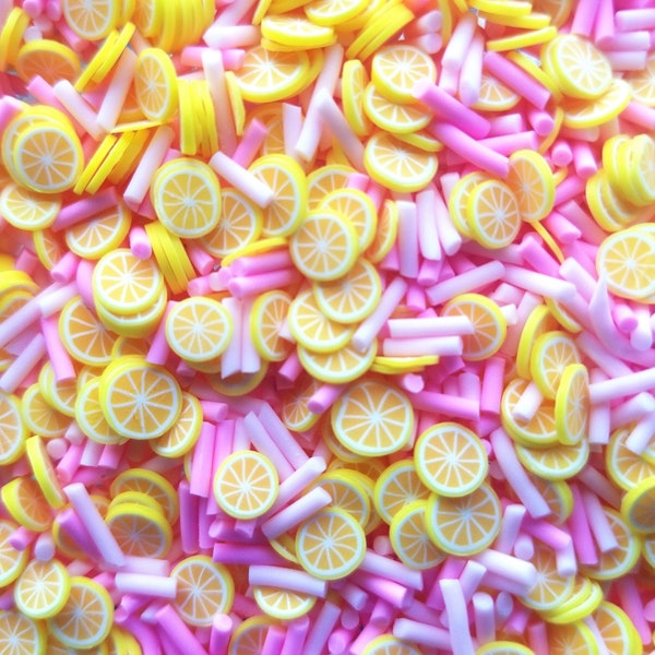RASPBERRY LEMONADE, Pastel Pink and Pink Polymer Clay Fake Sprinkles with Lemon Slices, Decoden Funfetti Jimmies, E45