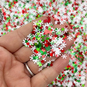 Stella di Natale mista rossa e verde, glitter a forma di cuore e fiocco di neve di Natale, glitter per nail art sicuri per solventi, decorazioni, glitter per le feste di Natale, F591