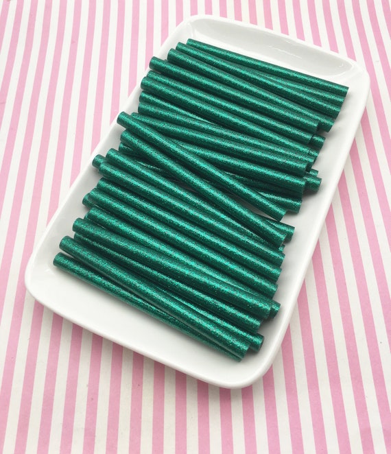 10 Piece Emerald Green Glitter Hot Glue Sticks for Kawaii and Decoden, Drippy Art Supplies, Wax Seals, Etc. (mini size)
