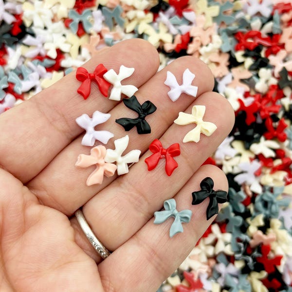 50 Tiny Colorful Resin Flatbacked Bow Cabochons, Cute Kawaii Flat Backed Nail Bow Cabs, Charm Acrylic Plastic Supplies, L26