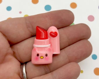 5 Cute Flatbacked 28mm Resin Lipstick Make Up Cosmetic Cabochons, Flat Backed Acrylic Plastic Pink Red Cabs 944