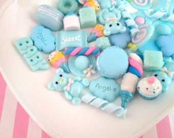 10 Assorted Flat Backed Resin Blue Sweets/Food/Character Cabochons Mix, Flatbacked Acrylic Plastic CabsF683
