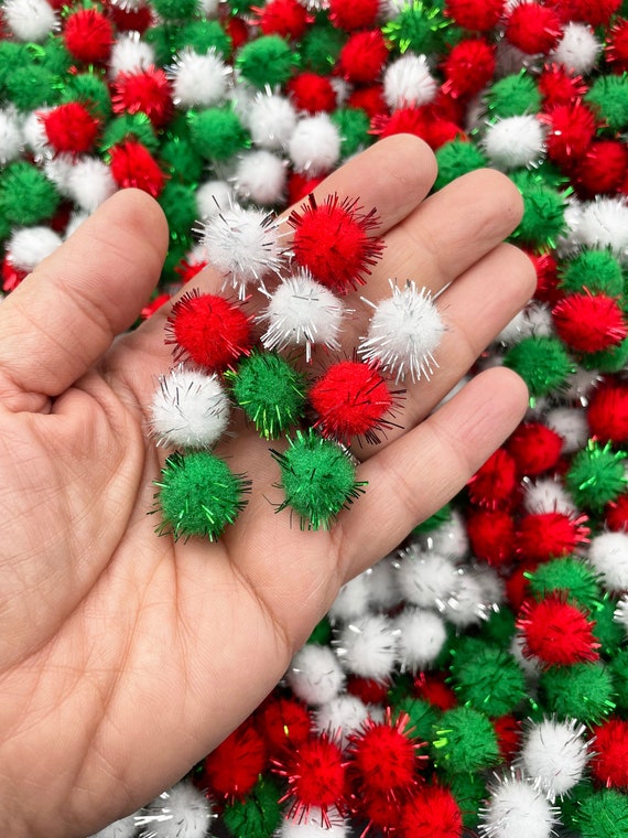 Fifty 15mm Red Silver and Green Christmas Tinsel Mochi Balls, Pom