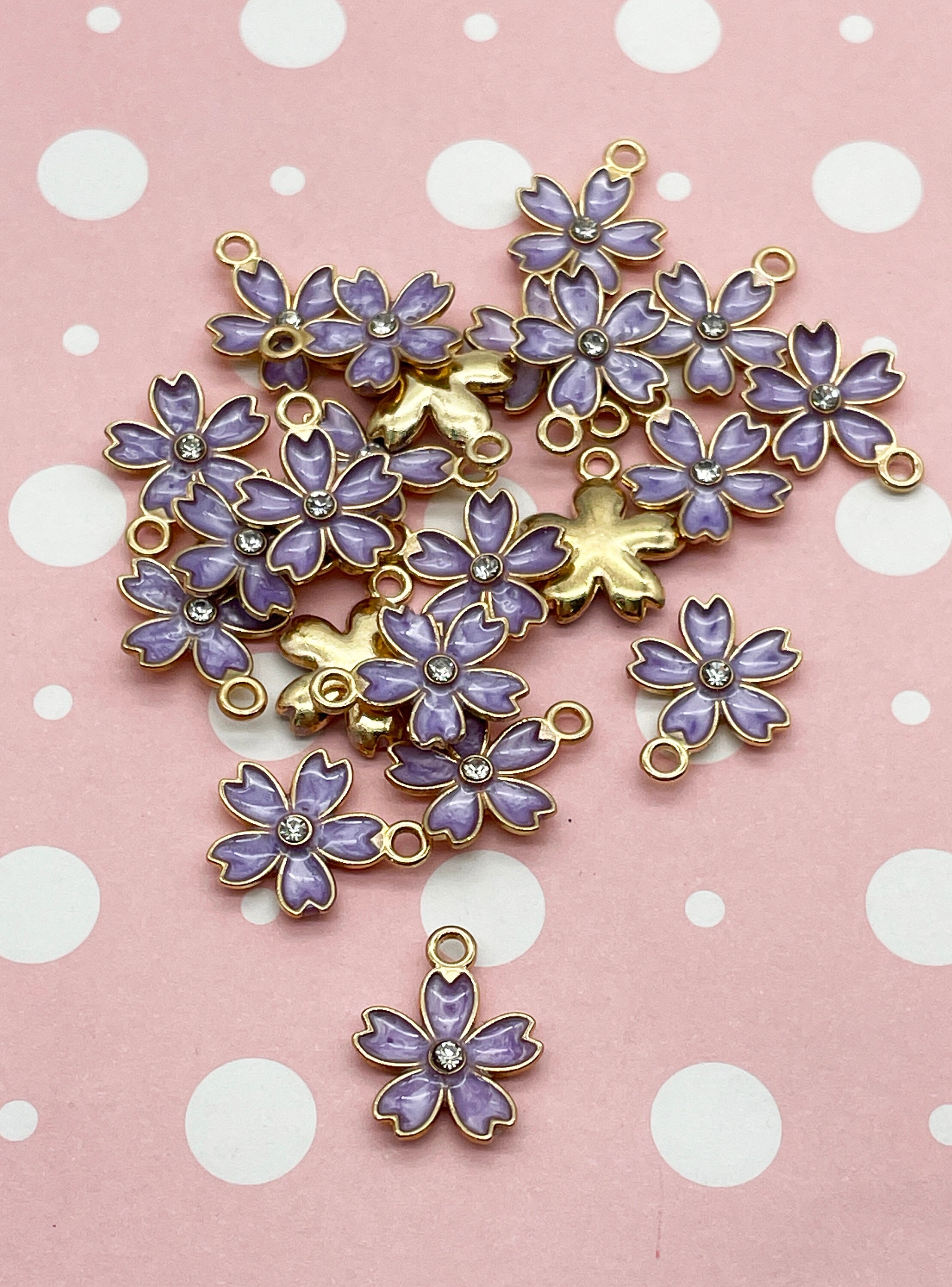 8 PURPLE Enamel Rhinestone Cherry Blossom Sakura Flower