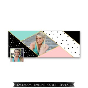 Può includere: Un modello di copertina per la timeline di Facebook con un design geometrico con pois neri e bianchi, turchese, rosa e accenti dorati. Il modello include una foto di una donna con i capelli biondi.