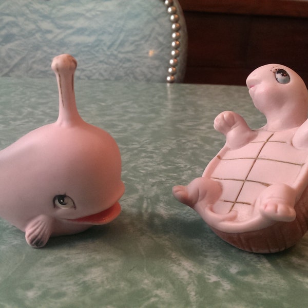 2 Pink 1950s Kelvin Figurines - Whale and Turtle