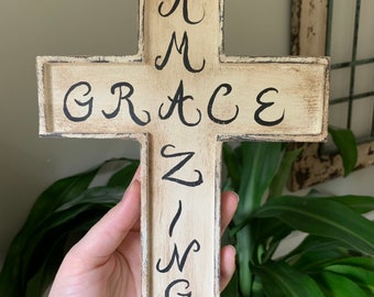 Shabby Chic Amazing Grace Wooden Cross Wall Hanging