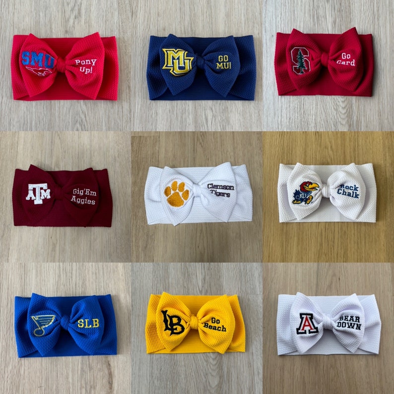 May include: Nine different colour and design headbands with embroidered logos and text. The headbands are made of a soft, stretchy material and are perfect for showing your team spirit.