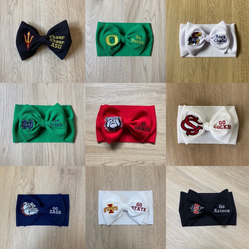 May include: Nine different colour and design headbands with embroidered logos and text. The headbands are made of a soft, stretchy material and are perfect for showing your team spirit.