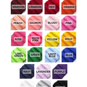 May include: A chart displaying 20 fabric swatches in various colours. The colours are arranged in four rows of five swatches each. The colours are: maroon, crimson, red, orange, peach, salmon, blush, pink, rose, neon pink, yellow, gold, lime green, green, light blue, blue, navy, lavender, purple, white, grey, and black.