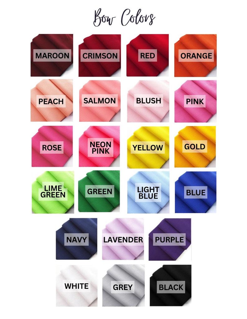 May include: A chart displaying 20 fabric swatches in various colours. The colours are arranged in four rows of five swatches each. The colours are: maroon, crimson, red, orange, peach, salmon, blush, pink, rose, neon pink, yellow, gold, lime green, green, light blue, blue, navy, lavender, purple, white, grey, and black.