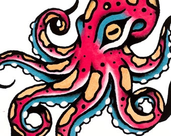 Octopus art print, 6x6 inches, unframed print on matte paper