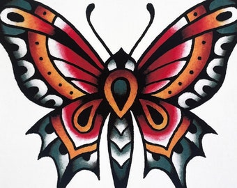 Butterfly in Muted Blue and Red art print, 6x6 inches, unframed print on matte paper