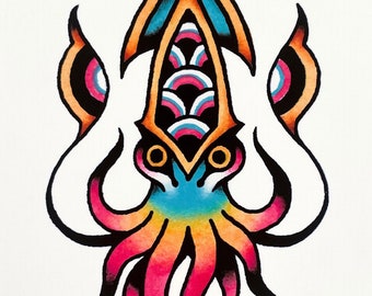 Squid art print, 5x7 inches, unframed print on matte paper