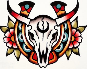 Skull and Horseshoe art print, 5x7 inches, unframed print on matte paper