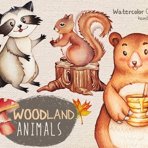 Watercolor Woodland Animals Clipart: Bear, Fox, Owl (Digital Download)
