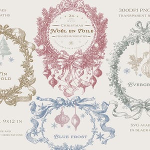 Christmas toile clipart set featuring vintage-inspired frames and wreaths in Tin Gold, Evergreen, Blue Frost, and classic red. Includes 26 designs (9 frames, 17 wreaths) in high-resolution 300 DPI PNG with transparent background and SVG files. Perfect for DIY Christmas cards, invitations, holiday scrapbooking, gift tags, printable wall art, and POD crafts. Elegant French vintage Noël en Toile style for holiday design projects.